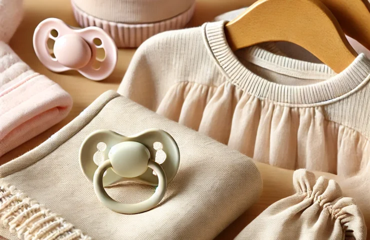 DALL·E 2024-11-22 23.58.28 – A close-up of baby gear items including a soft baby blanket, pacifiers, and a set of organic baby clothes arranged neatly on a wooden surface. The ite