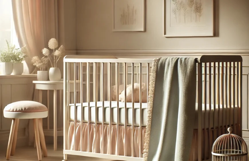 DALL·E 2024-11-23 00.00.21 – A calming and cozy bedroom scene with a stylish baby crib. The crib should be designed with safety in mind, featuring secure bars and soft, pastel bed